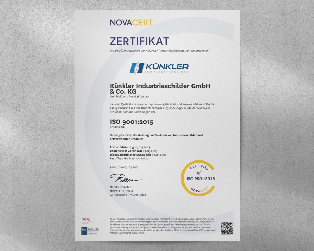 Zertifikat ISO 9001 Künkler