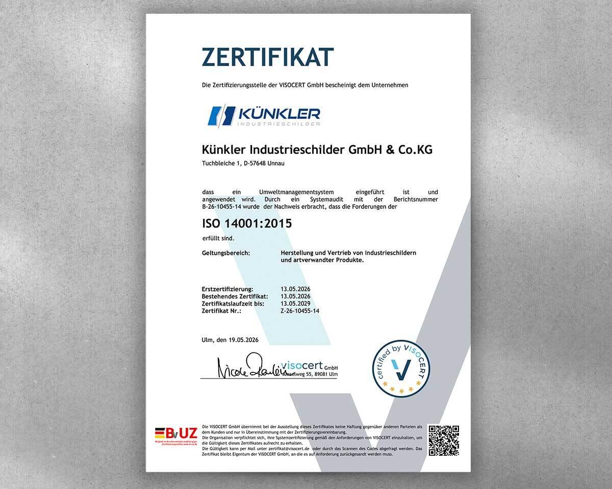 Zertifikat ISO 14001 2015 Kuenkler Industrieschilder