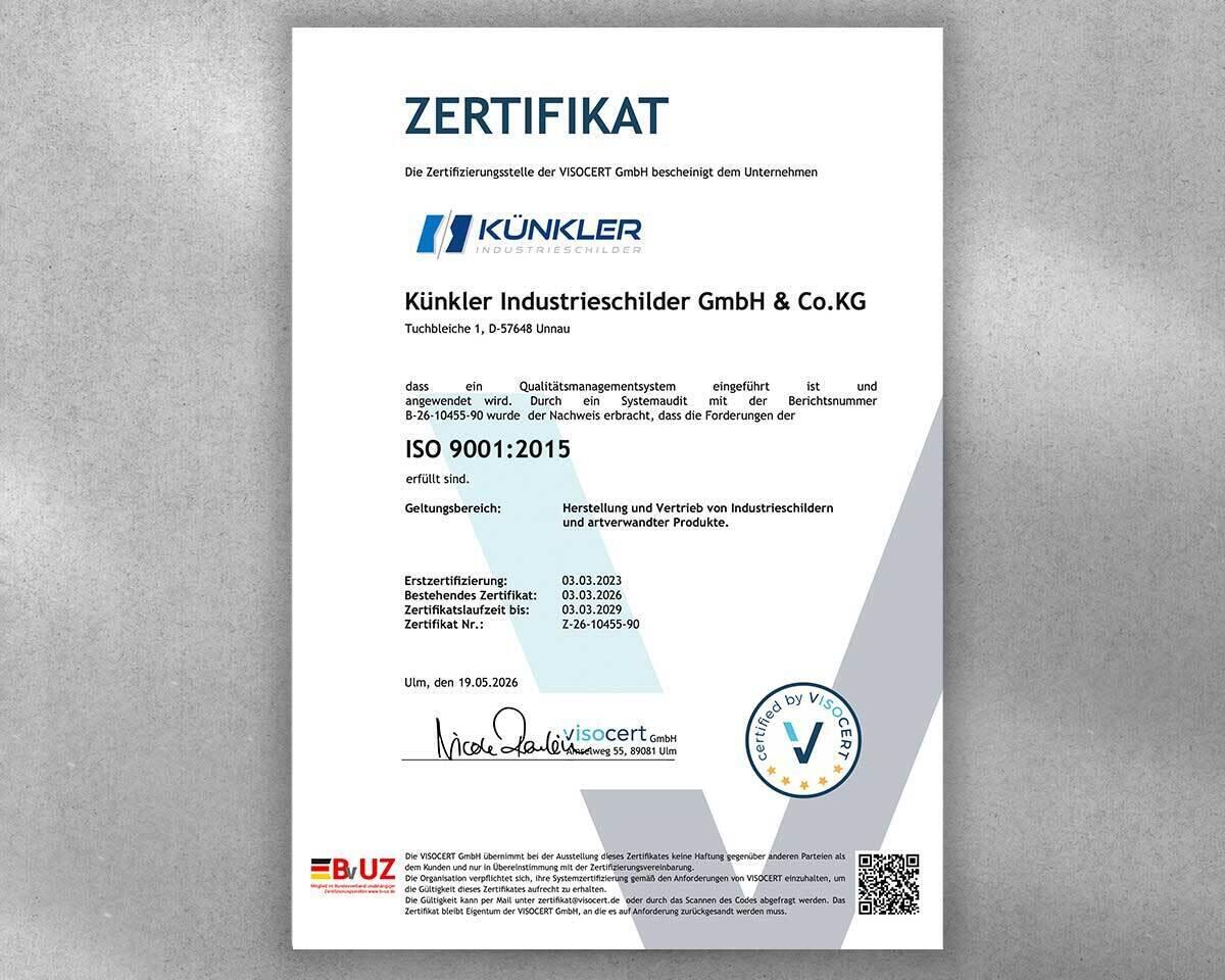 Zertifikat ISO 9001 2015 Kuenkler Industrieschilder